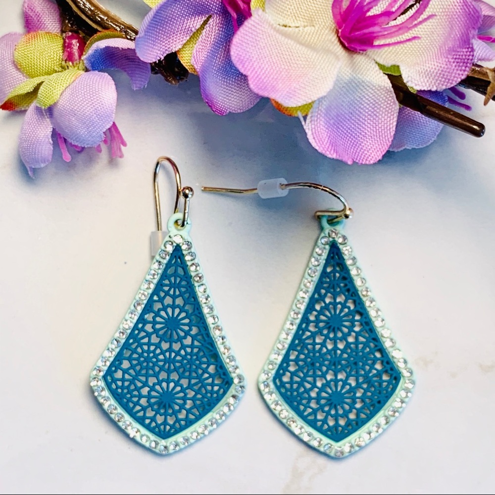 Turquoise Floral Filigree Rhinestone Earrings - Picture 5 of 7